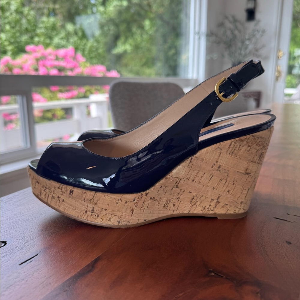 Stuart Weitzman Jean Wedge Maritime Blue Patent Leather Size 8